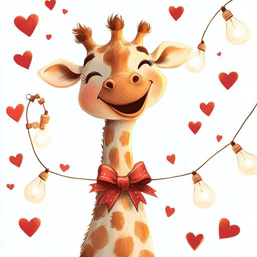 Happy giraffe with bow and red hearts
