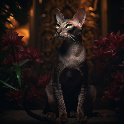 Oriental shorthair cat resting outdoors at night