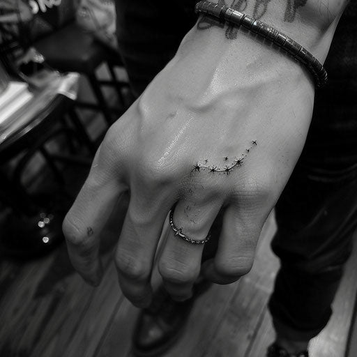 Constellation tattoo wedding ring finger hand down