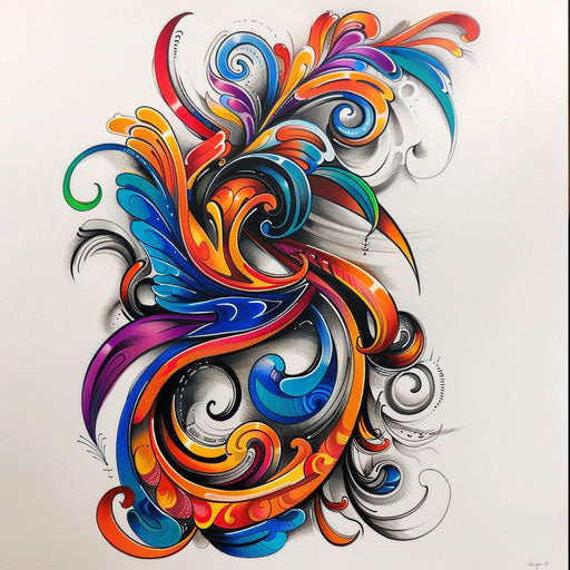 Abstract tattoo sketch of a moko design with swirling patterns in bright colors