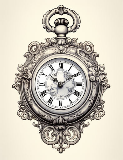 Pocket watch tattoo in style of roz chast baroque chiaroscuro