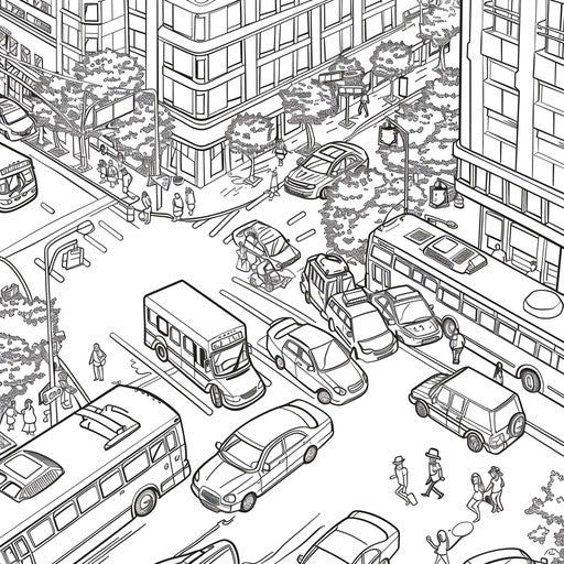 Detailed view of a bustling street with cars, buses, pedestrians