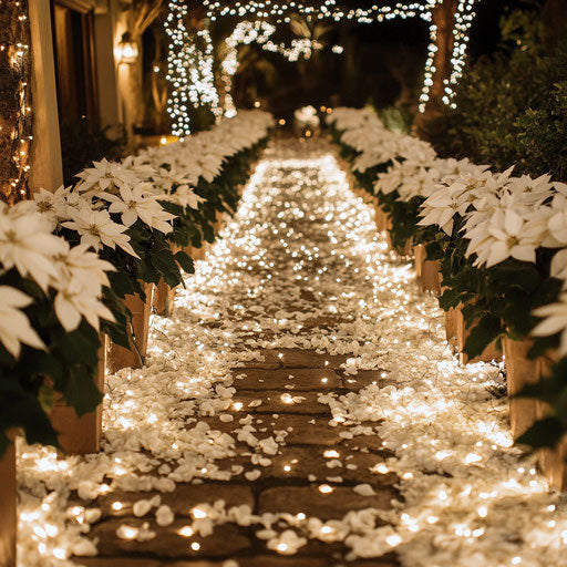 Winter wedding aisle with white poinsettias and fairy lights