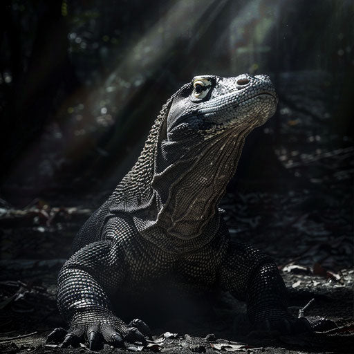 Komodo dragon with dramatic shadows and lighting, dark and brooding, in the style of Simen Johan