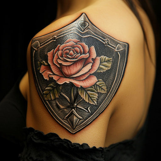 Rose tattoos for women with an armor-like shield on the shoulder