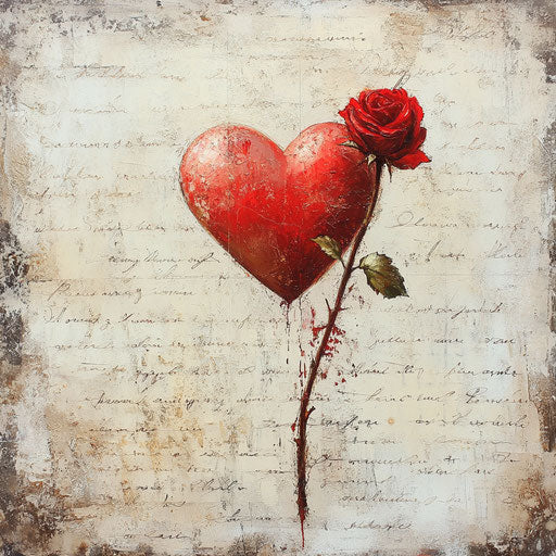 Valentine's Day wall art with red heart and rose on vintage love letters background
