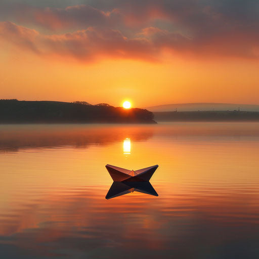 Paper boat on calm lake at sunrise