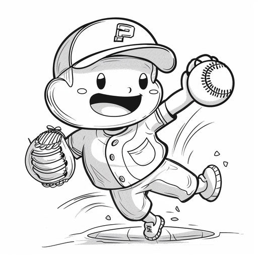 Whimsical baseball character running bases