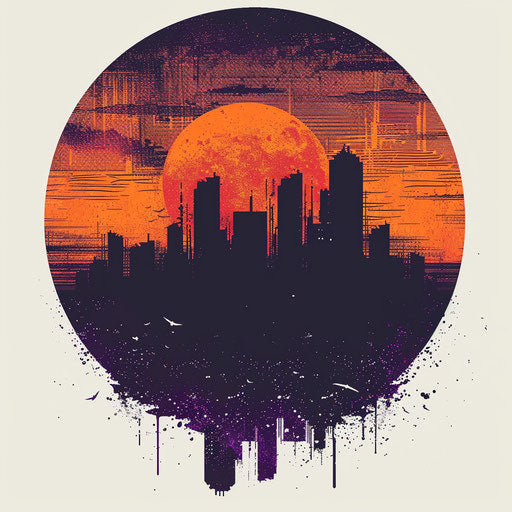 Intricate flat tattoo sketch in clipart style: city skyline silhouette at sunset, oranges and purples
