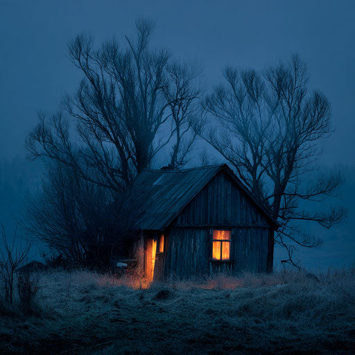 Eerie Cabin with Warm Glowing Window in Dark Surroundings
