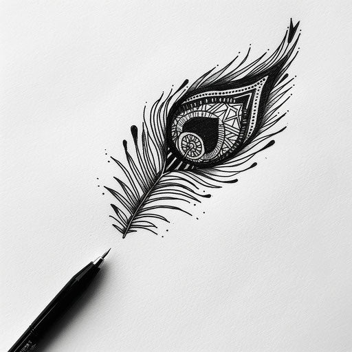 Tribal peacock feather tattoo sketch with bold black lines and native patterns