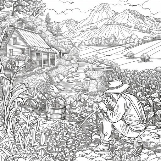 Spring planting in a garden - coloring book page