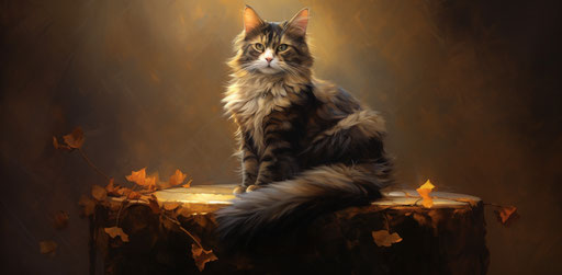 A cat sitting on a cat scratcher, dignified poses, dark amber and brown, soft quality, Firmin Baes, mottled, masculine 39:19