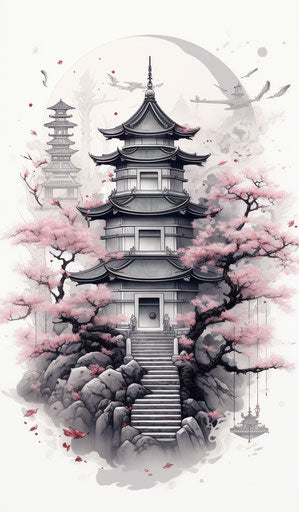 Pagoda and trees in a tattoo-inspired style, multi-colored background, cherry blossoms, cultural symbols 7:12