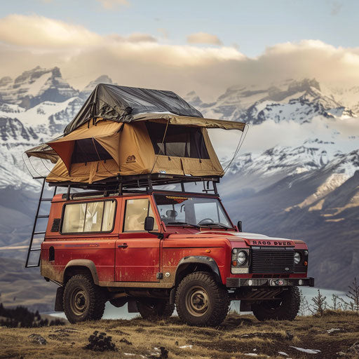 1980 Range Rover expedition vehicle with rooftop tent and all-terrain gear against stunning mountain range