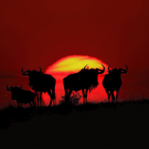 Wildebeest silhouettes against a fiery sunset