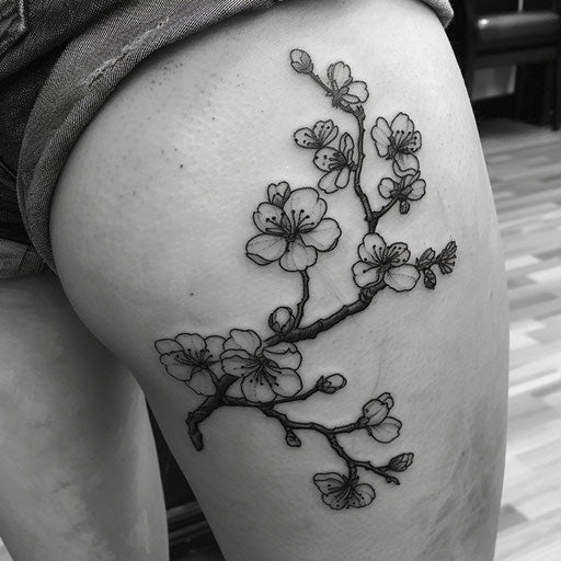 Bold flat tattoo sketch of a sakura branch with dark, dramatic shading