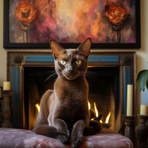 Burmese cat by a fire in a fireplace