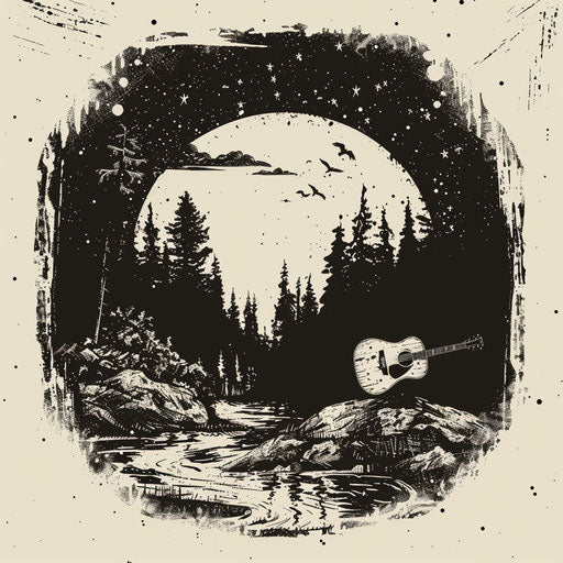 Folk band logo with hand-drawn rustic fonts and natural forest background