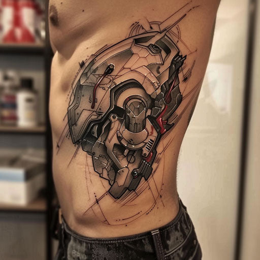 Men's rib tattoos with futuristic designs, Humberto Ramos style