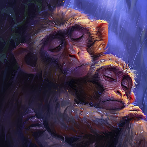 Cuddling monkeys in thunderstorm