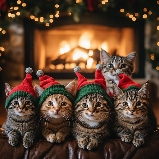 A family of cats in tiny elf hats by the fireplace