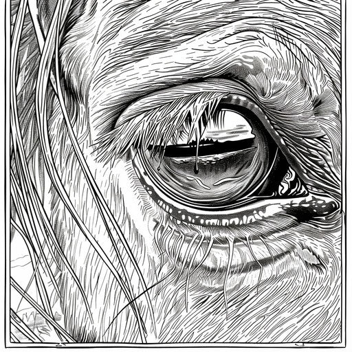Detailed horse eye with reflections. Coloring book page