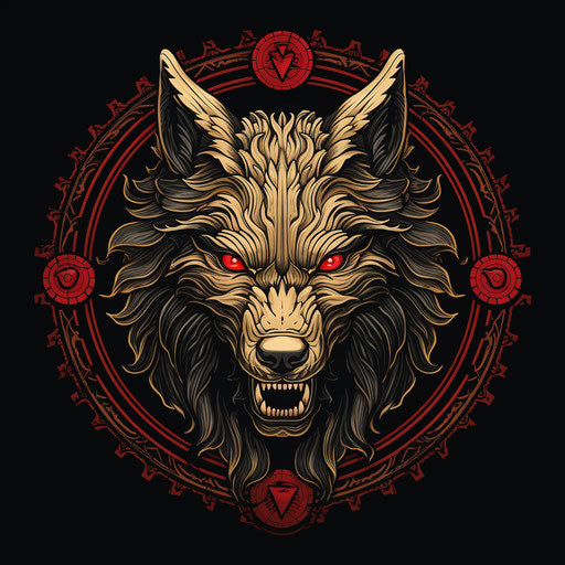 Wolf icon on black background, vintage comic style, embroidery art, hand-drawn animation