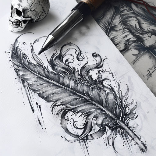 Gothic feather tattoo design with dark elements