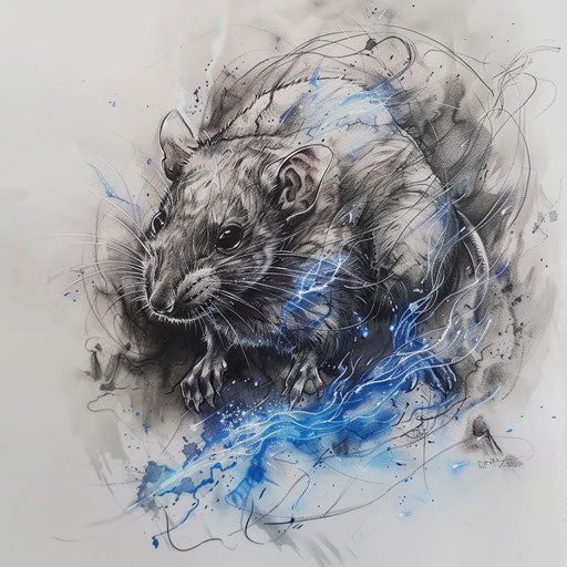 Artistic tattoo sketch of a rat with a smoky effect in gray and bursts of blue