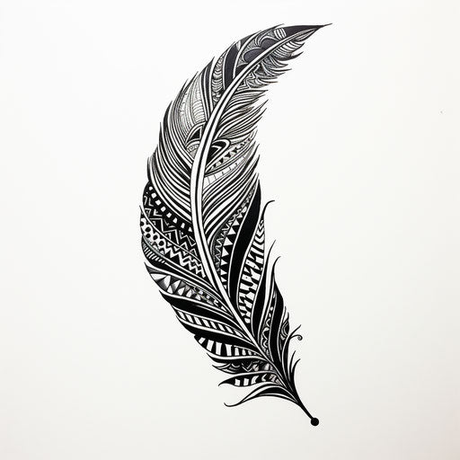 Black and white ornate feather drawing, dreamy symbolism