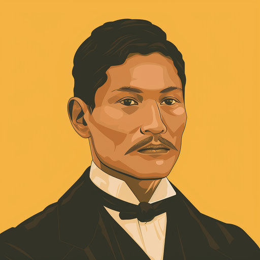 José Rizal illustration in photo realistic style with flat random background, vintage filter and delicate lines