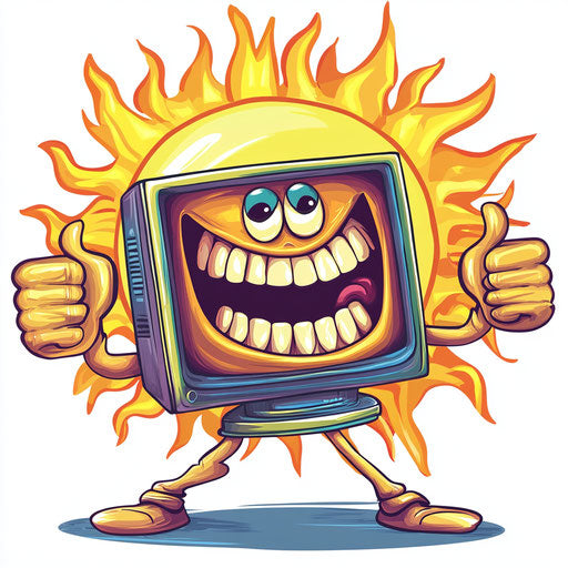 Humorous caricature of a TV caricature clipart with human characteristics, exaggerated grin teeth, long arms, next to a smiling sun, vibrant colors, cartoon style, thumbs up, high-resolution, no background, isolated