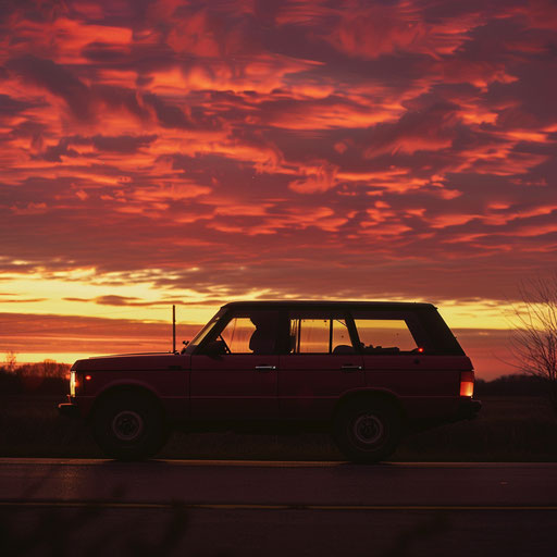Silhouette of 1980 Range Rover against vibrant sunset
