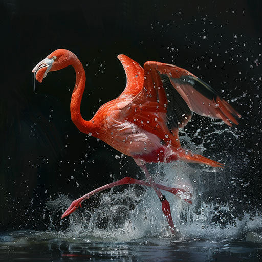 Flamingo sprinting for takeoff with water droplets