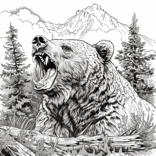 A roaring brown bear with a majestic background. Coloring book page