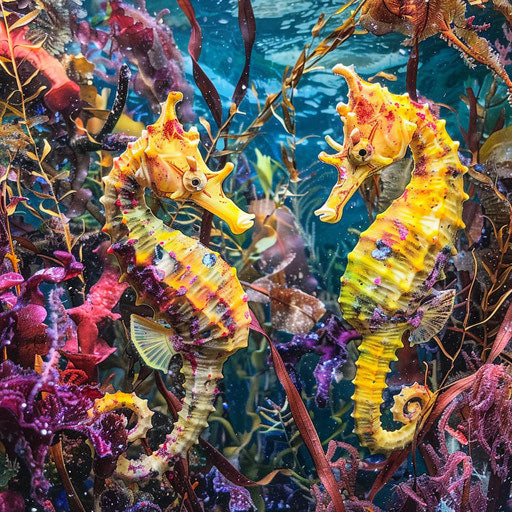 Seahorses among colorful seaweed, vibrant and lively