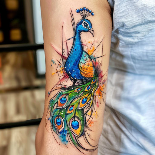 Elegant single needle tattoo sketch of a peacock with colorful feathers