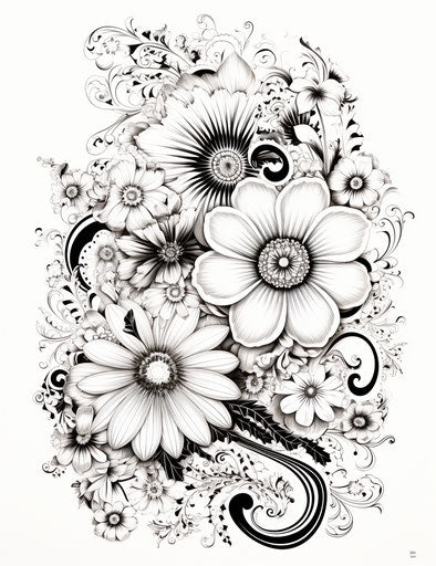 Black and white floral design with motifs and swirls