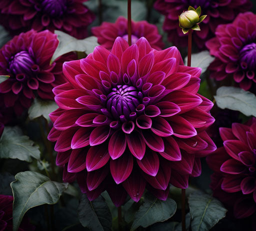 Purple dahlia plant with green leaves, marbled style