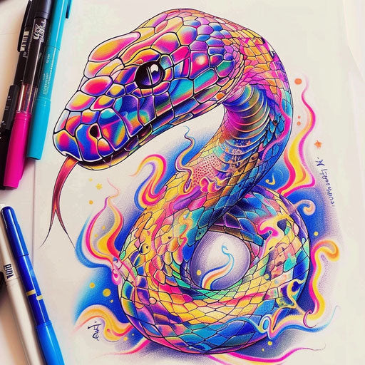 Psychedelic cobra tattoo sketch with swirling patterns and intense neon colors