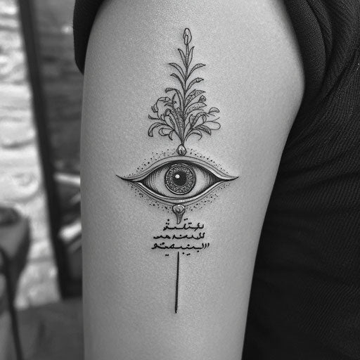 Arabic tattoo with protective eye and script on upper arm