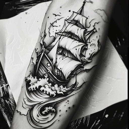 Bold and dark flat tattoo sketch with stormy sea and resilient boat