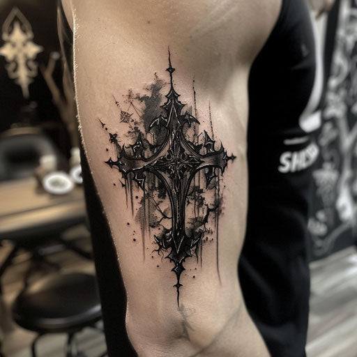Bicep tattoo of a gothic cross, Gerald Brom style