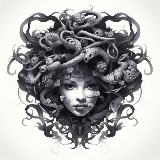 Asian woman serpent head drawing floral art