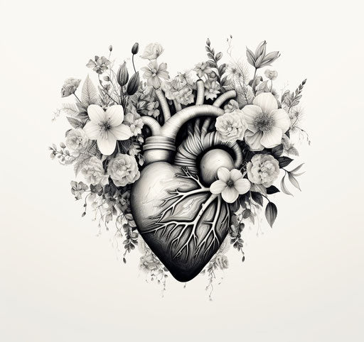 Heart with flower bouquet in dotwork multilayered realism