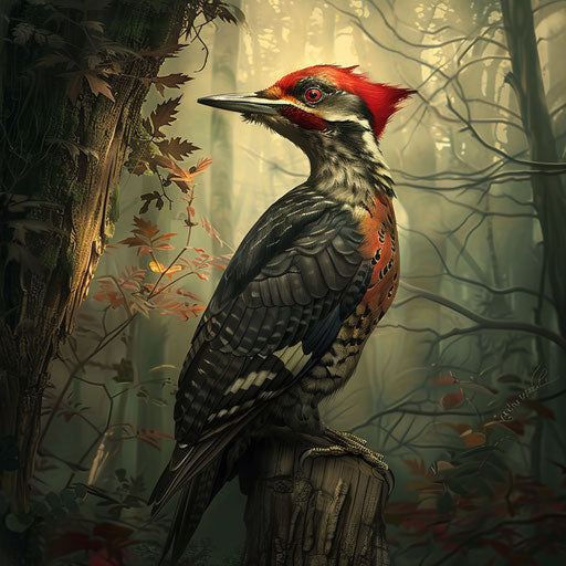 Detailed woodpecker feather patterns with forest background