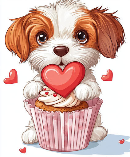 Adorable red and white puppy holding heart-shaped cookie