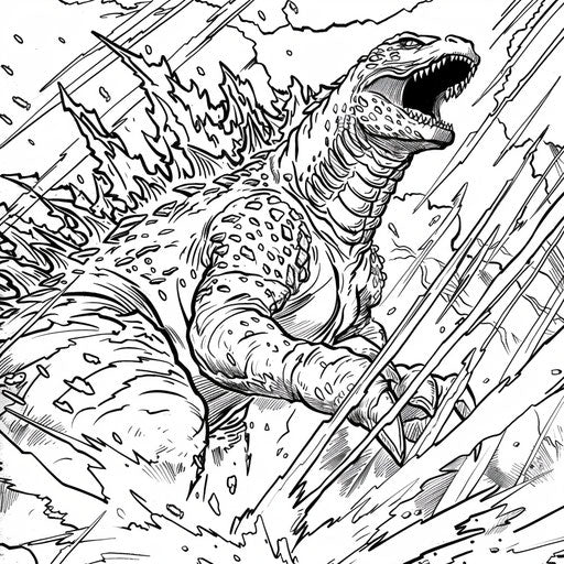 Godzilla in a dramatic battle scene with lightning and explosions