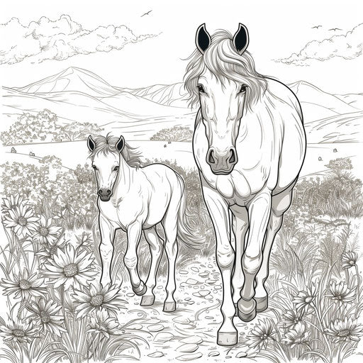 Horse and foal walking side by side in a meadow